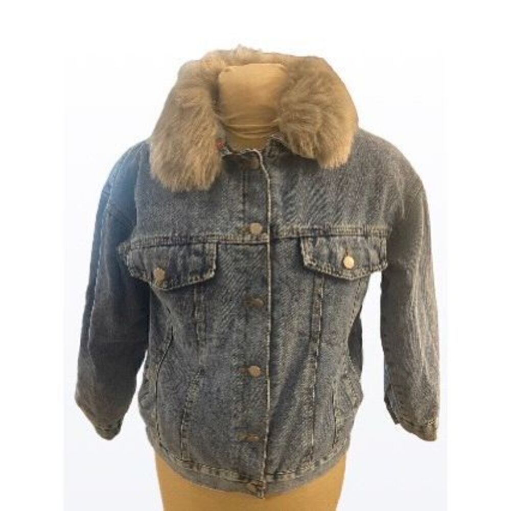Faux Fur Lined with Faux Fur Detachable Collar Jean Denim Jacket Size S
